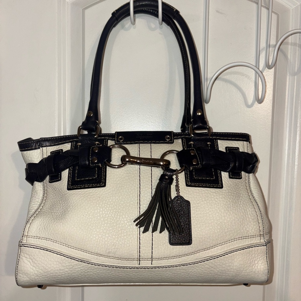 Coach Hampton Braided Leather Satchel F13084 Cream & Black - Picture 16 of 16
